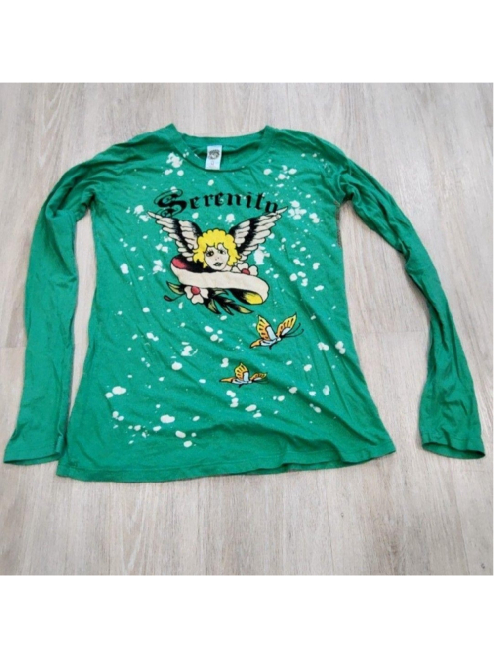 Ed Hardy T-Shirt Womens M Green Serenity Angel Butterfly Tattoo Long Sleeve